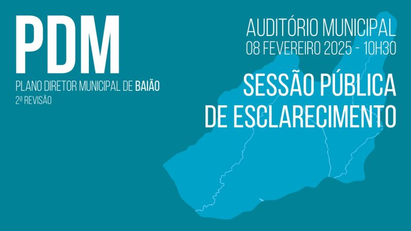 A Câmara Municipal de Baião promove, no próximo dia 8 de fevereiro, uma sessão pública de esclarecimento sobre a 2.ª Revisão do Plano Diretor Municipal (PDM) que terá lugar no Auditório Municipal, a partir das 10h30.